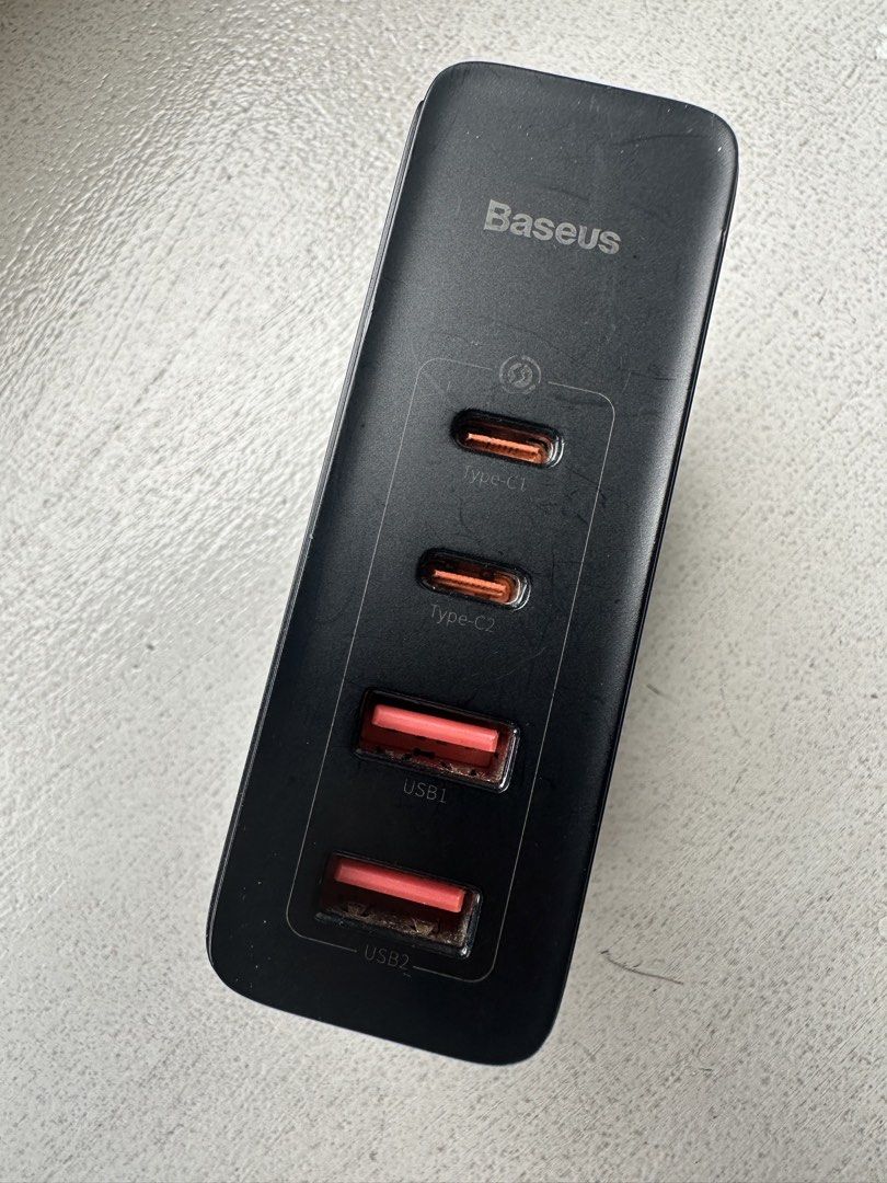 Baseus 100w Gan Charger suitable for macbook pro (Category: Electrical, Adaptors & Sockets) located in Quezon City. Submitted by dlsy12 (Listing ID 1449791203, Image 1). Description: Baseus 100w gan travel charger Foldable prong Can be used to charge even your 65w macbook pro + other devices 2 type C + 2 USB ports Rfs switched to all type c.