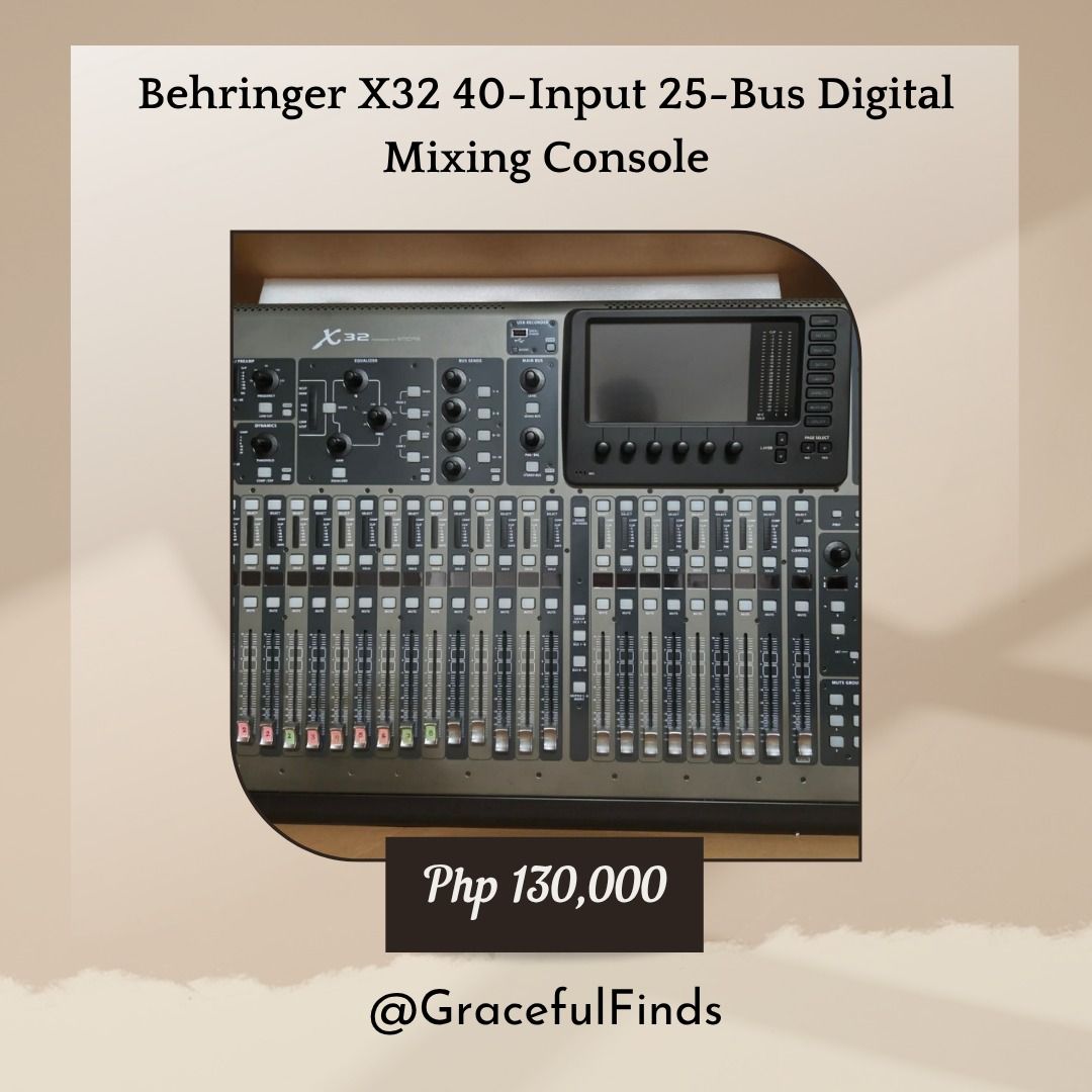 Behringer X32 40-Input 25-Bus Digital Mixing Console (Category: Other Audio Equipment) located in Makati City. Submitted by gracefulfinds168 (Listing ID 1449800189, Image 1). Description: - Behringer X32 Digital Mixing Console - 40 Input Channels - 25 Bus Architecture - Ideal for Live Sound and Studio Applications - Price: Php 130,000 - 2 units available - Contact @GracefulFinds for inquiries.