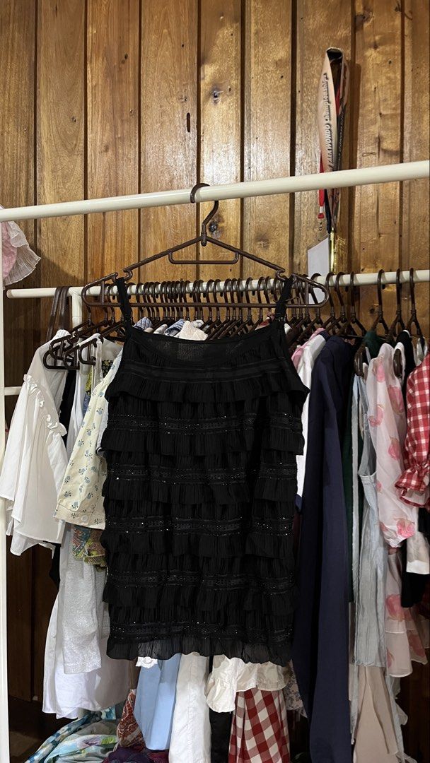 Black tiered mesh ruffle sequin-trim cami | Wet Seal, Charlotte Russe, No Boundaries, Juicy Couture, Urban Outfitters, Zara, Topshop, H&M, Bershka, Stradivarius, Pull&Bear, Forever 21, Cider, Motel Rocks, ASOS Y2K, Indie Sleaze, Grunge, Retro (Category: Sleeveless) located in Manila. Submitted by dainty.hercloset (Listing ID 1445744785, Image 1). Description: thrifted.
