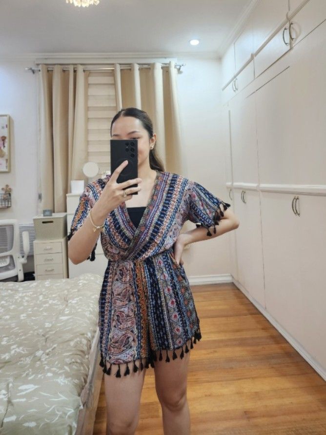 Bohemian Beach Romper (Category: Rompers) located in Cagayan de Oro. Submitted by declutter97 (Listing ID 1449827668, Image 2). Description: Soft fabric bohemian jumpshorts 🦋 Fits Small Php250 Model's height: 5'1 Model's size: Small.
