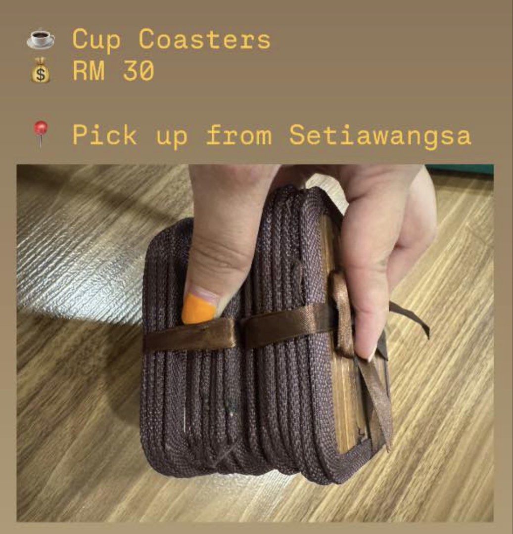 Brown Cup Coasters Set - RM 30 (Category: Coffee & Tea Tableware) located in Kuala Lumpur. Submitted by amykaur2201287 (Listing ID 1449781411, Image 1). Description: - Set of brown cup coasters - Tied together with a ribbon - Price: RM 30 - Pickup location: Setiawangsa.