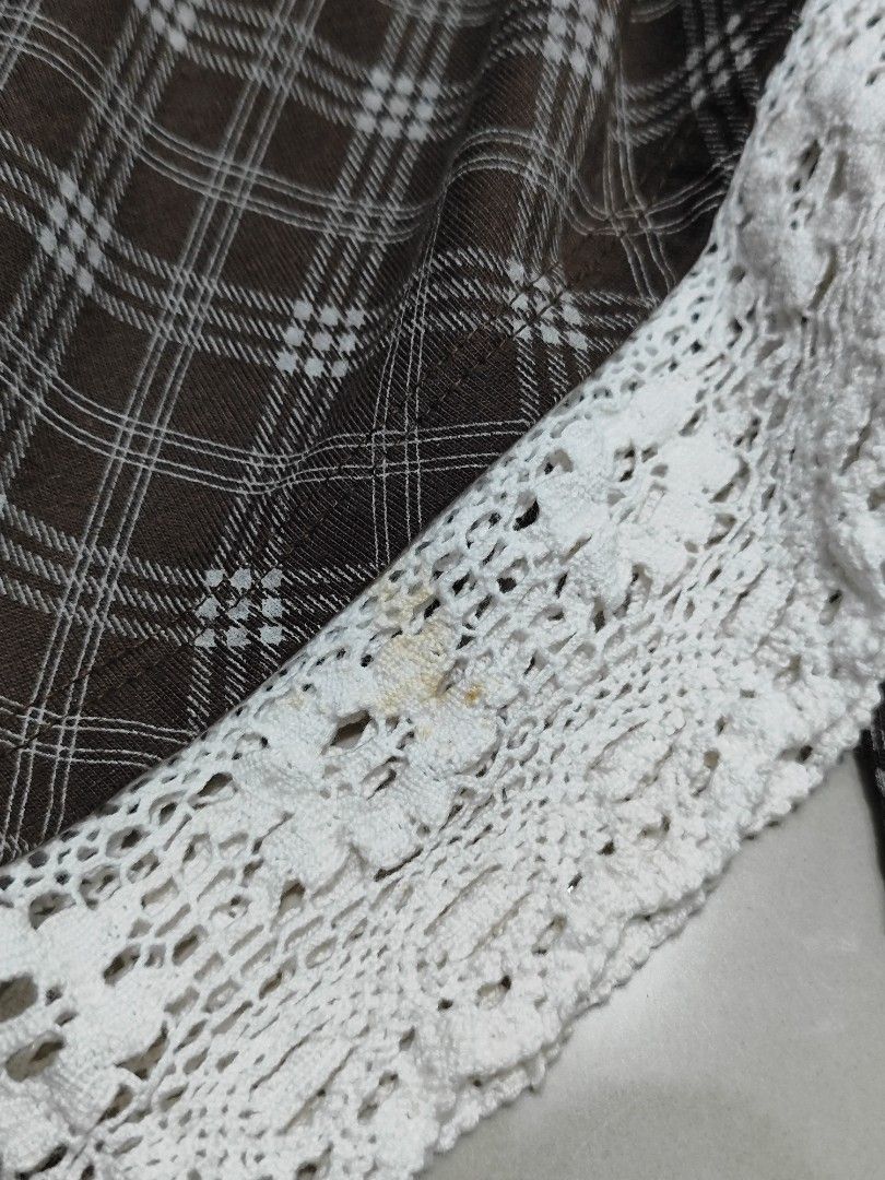 Brown long sleeve with (Category: Longsleeves) located in Dasmarinas. Submitted by cronaur (Listing ID 1449772714, Image 3). Description: - Cute brown plaid top with long sleeves, square neckline, and lace trim. - Can pair with a skirt or pants!! - Used it in 9th grade but not anymore (nakatambak lang + doesn't fit me na) - Has a yellow stain at the back part (not sure if kayang matanggal TvT) - Color may vary due to lighting Chat me here or on m