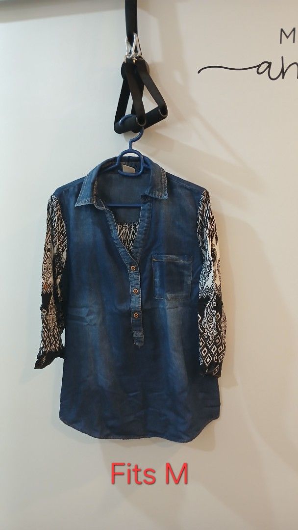 Bundle of 6 Assorted Tops for P399 Only! (Category: Blouses) located in Paranaque City. Submitted by fayesan.cs (Listing ID 1449823335, Image 2). Description: 6 Tops for only P399! Pre-loved! Previous owner is meticulous and takes good care of her things. - Yellow ribbed top (fits M) - Denim shirt with patterned sleeves (fits M) - Navy graphic tee (size XL) - Pink polka dot top (Shein, size L) - Green textured top (Shein, size M) - Light blue lac