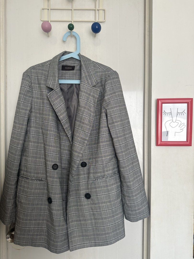 CLOVIS Grey Plaid Blazer (Category: Coats, Jackets and Outerwear) located in Muntinlupa City. Submitted by oddeclutters (Listing ID 1449758118, Image 1). Description: ✨ Grey Plaid Blazer from CLOVIS✨ -blazer with light shoulder pads -ideal for layering over tops or dresses -versatile for smart casual or work outfits -in good condition Body Width (Bust/Waist): Fits up to 36 inches Sleeve Length: 11 inches Length: 28 inches RFS: decluttering MOP: P