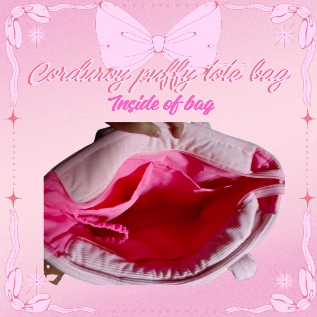 Corduroy puffy tote bag (Category: Tote Bags) located in Manila. Submitted by aerycha (Listing ID 1449787846, Image 2). Description: kakabili lang po, pero mali yung size na nabili ko dapat po small hindi medium. ayaw ipabalik ng seller. negotiable po yung 300..