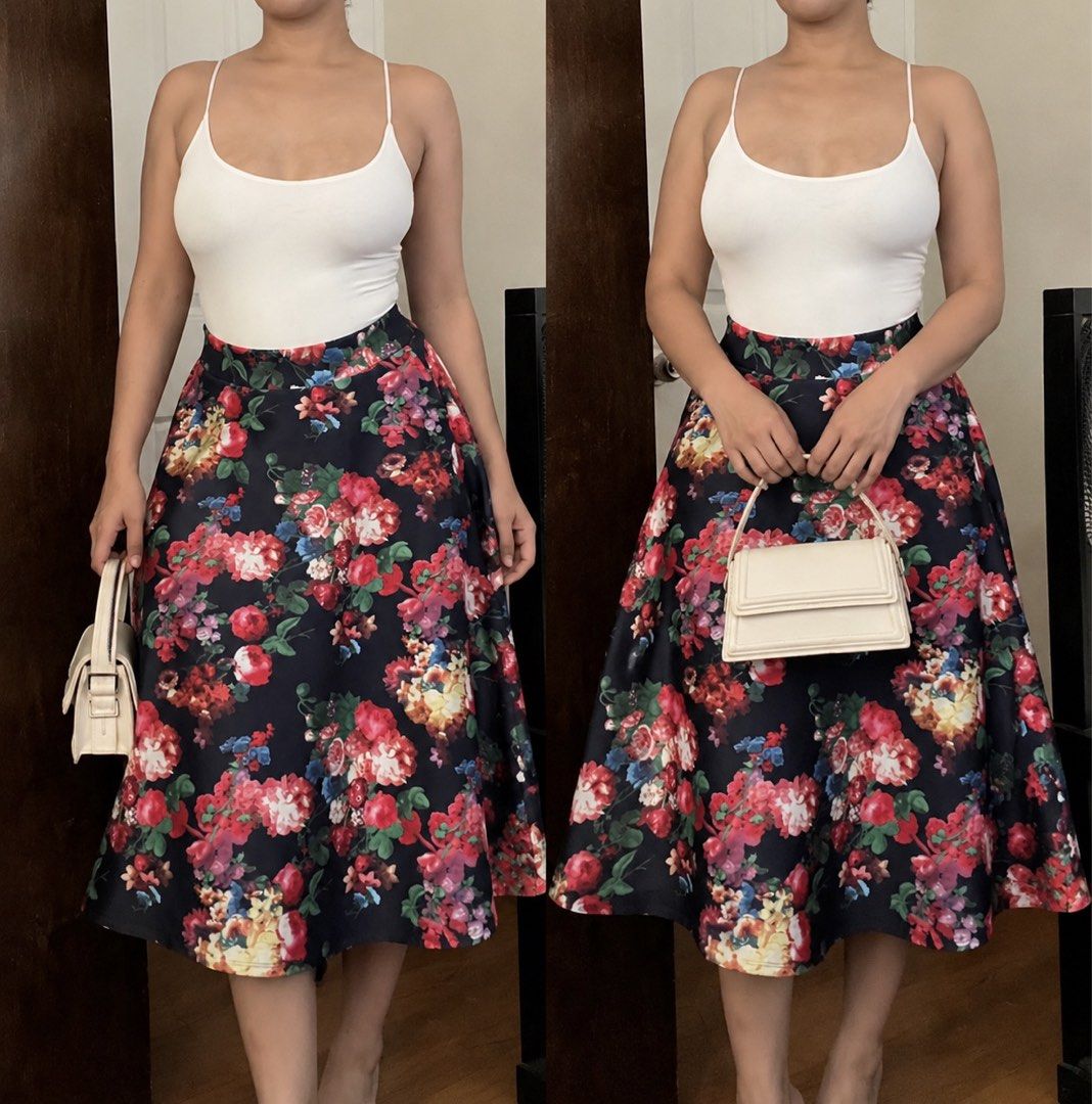 Dark Floral A-Line Midi Skirt (Category: Skirts) located in Manila. Submitted by dearfinds.ph (Listing ID 1449851940, Image 1). Description: ORIGINAL PRICE: 500 SELLING PRICE: 250 fit up to medium dm for inquiries!.