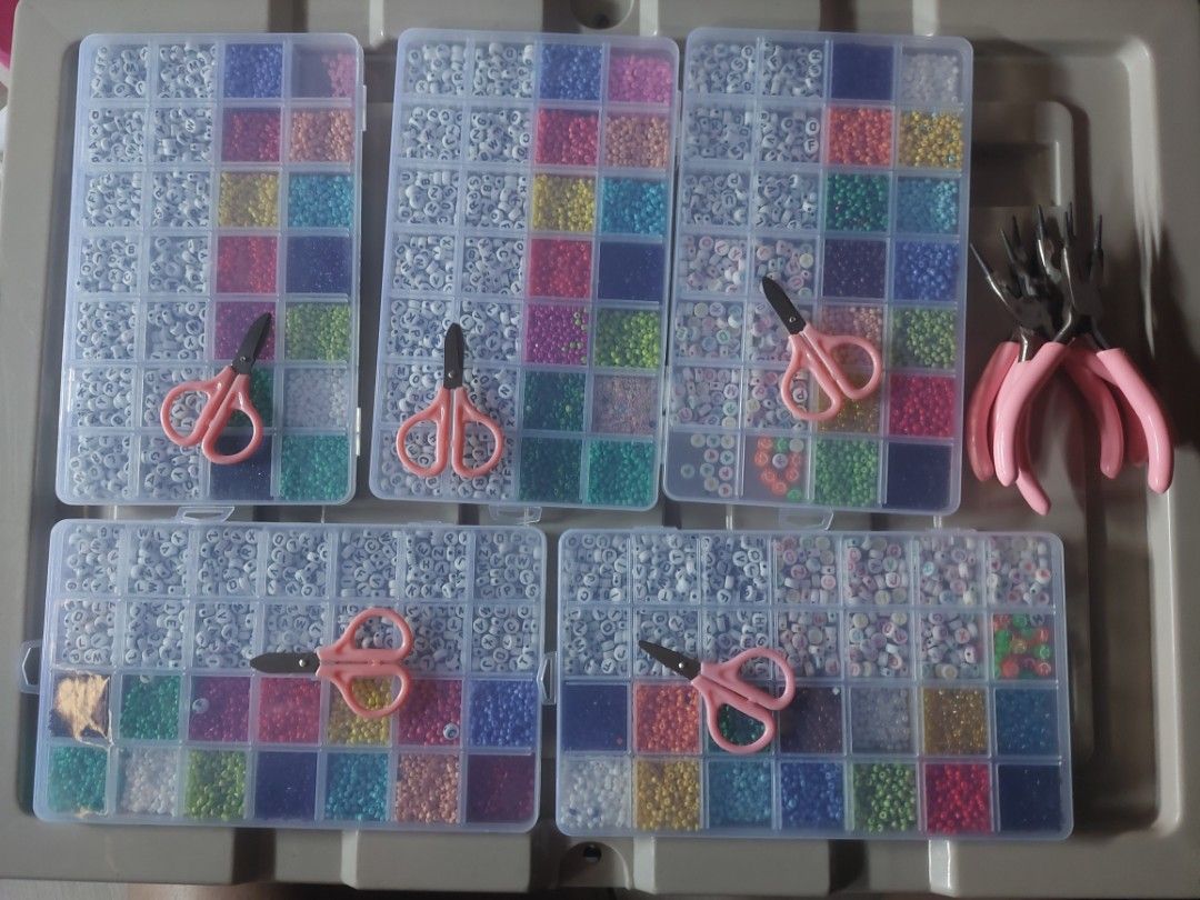 DIY BEAD SET & PLIERS - letter seed circle tiny beads (Category: Craft Supplies & Tools) located in Taguig. Submitted by wenxuanhao (Listing ID 1449950953, Image 1). Description: [ for sale ] — 5pcs diy beads set — 5pcs mini scissors — 4pcs 2in1 diy pliers — 37m nylon ♡ on hand ♡ take all for ₱500 + sf ♡ rfs: decluttering 📍 Metro Manila 💳 Gcash / Maya / GoTyme / MariBank.