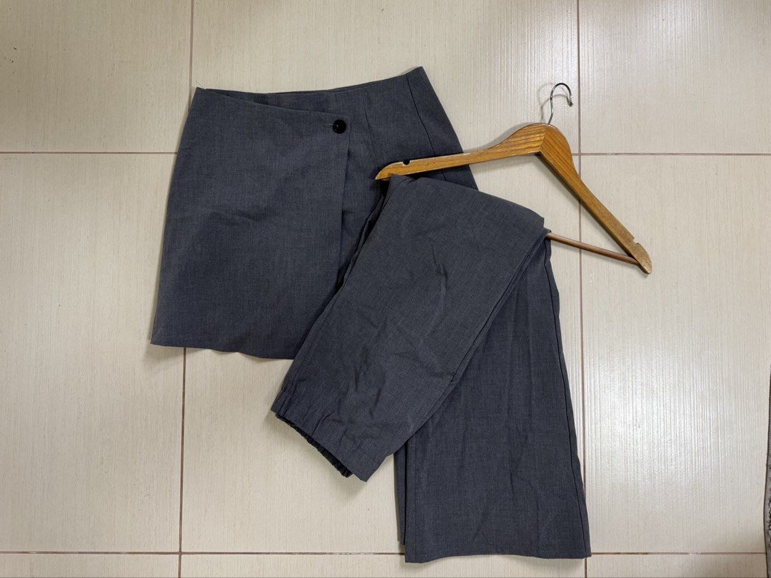 Grey Tailored Pants with Wrap Skirt Overlay (Category: Sets or Coordinates) located in San Fernando. Submitted by khdzn (Listing ID 1449890925, Image 2). Description: • says size M on the tag but can fit small due to japanese sizing • can be worn seperately or together • with pockets • selling as complete set.