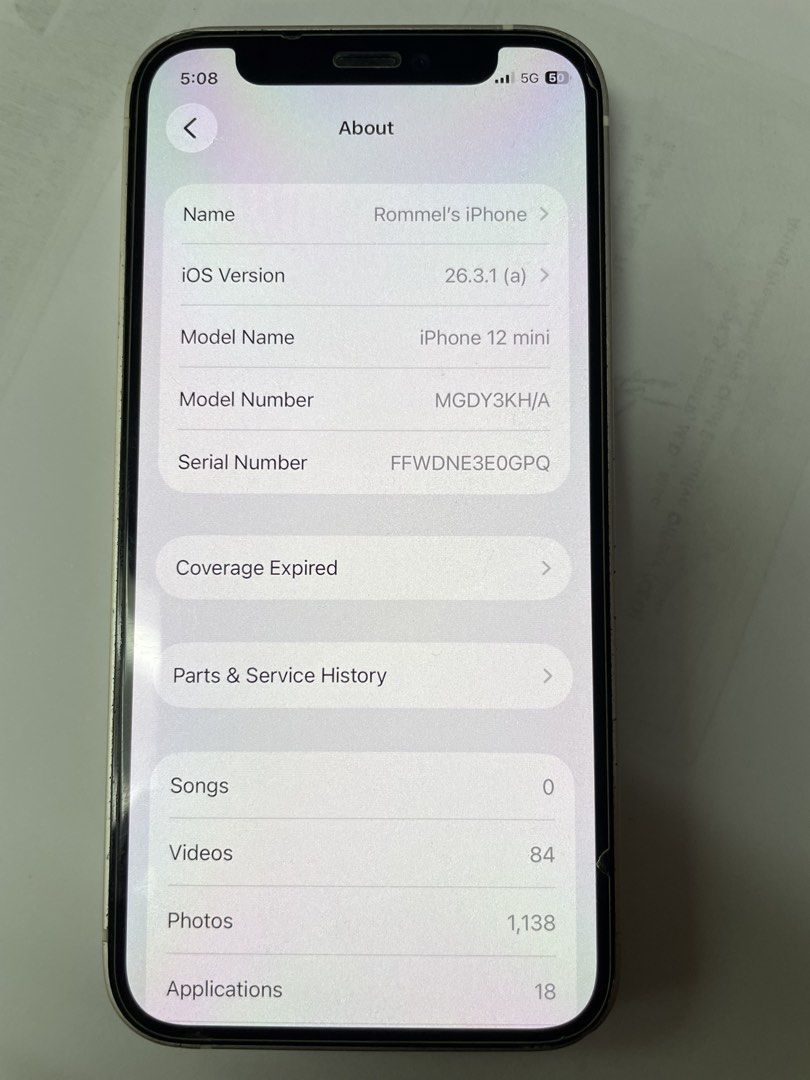 Iphone 12 mini white (Category: iPhone 12 Series) located in Caloocan City. Submitted by rommelbeldia3-64728 (Listing ID 1449842178, Image 1). Description: Iphone 12 mini 64GB 98%battery health Factory Unlock/any sim Issue Replaced battery Replaced LCD Faced ID not working after the ios update.
