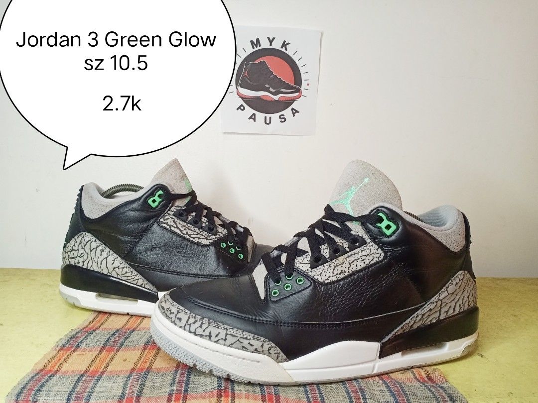 Jordan 3 Green Glow sz 10.5 (Category: Sneakers) located in General Santos City (Dadiangas). Submitted by michaelmp2026 (Listing ID 1449790852, Image 1). Description: - Jordan 3 Green Glow - Size: 10.5 - Color: Black and grey with green accents - Features: Elephant print detailing - Ideal for: Collectors - Price: P2,700.