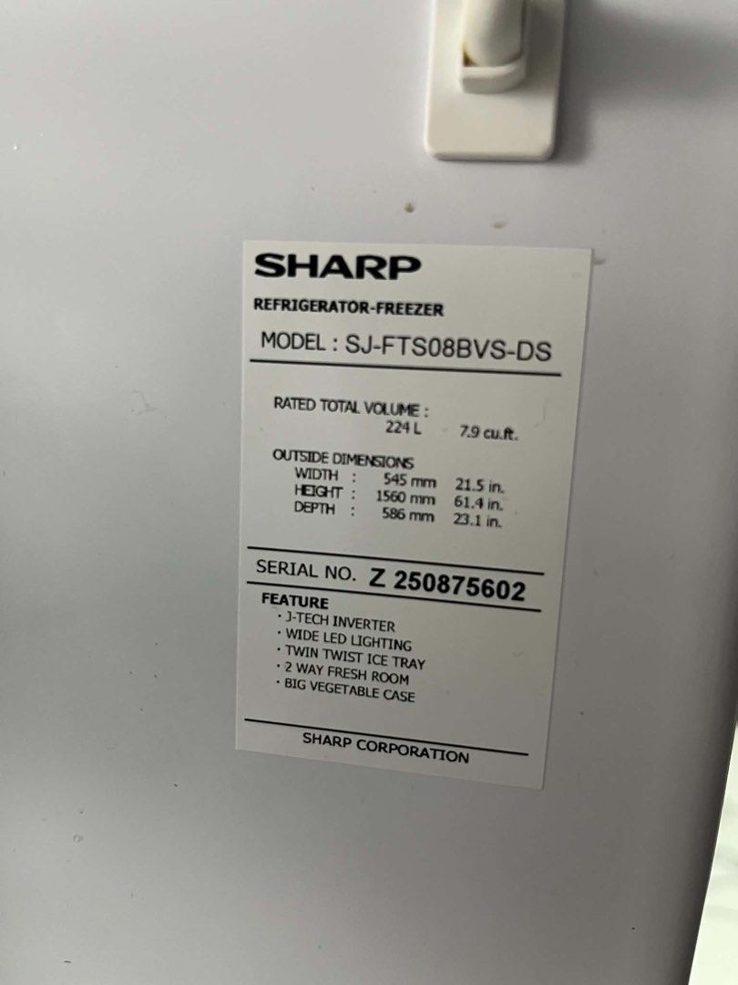 Jtech sharp no frost (Category: Refrigerators and Freezers) located in Manila. Submitted by jeffersonga (Listing ID 1449839343, Image 2). Description: Sharp Jtech inverter 2 door refrigerator no frost Purchased date : Oct 2025 ( may reciept and pasok pa sa warranty ) 20k original price Pag may gusto kumuha 15k nalang , strictly for pickup only pwede lalamove shoulder nyo ang fee Reason for selling need ng ref na space saver 😀.