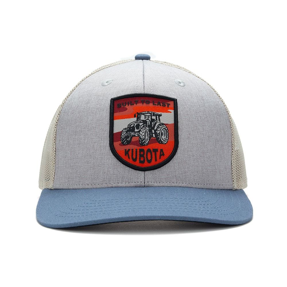 Kubota "Built to Last" Tractor Patch Trucker Hat (Category: Caps & Hats) located in Las Pinas. Submitted by snapcartmanila (Listing ID 1449802387, Image 2). Description: - Grey and light blue trucker hat - Features a patch with a tractor and "Kubota Built to Last" text - Mesh back for breathability - Adjustable snapback closure - Perfect for Kubota enthusiasts and farmers.