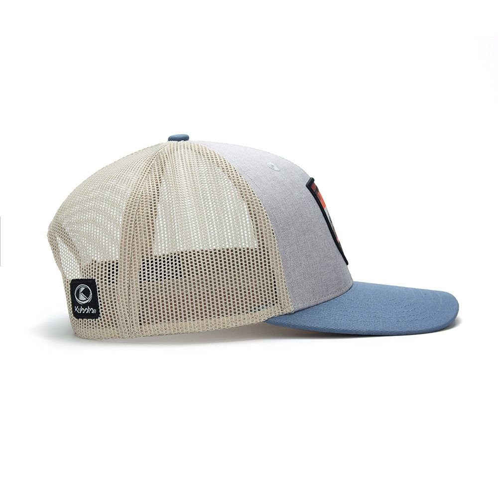 Kubota "Built to Last" Tractor Patch Trucker Hat (Category: Caps & Hats) located in Las Pinas. Submitted by snapcartmanila (Listing ID 1449802387, Image 3). Description: - Grey and light blue trucker hat - Features a patch with a tractor and "Kubota Built to Last" text - Mesh back for breathability - Adjustable snapback closure - Perfect for Kubota enthusiasts and farmers.