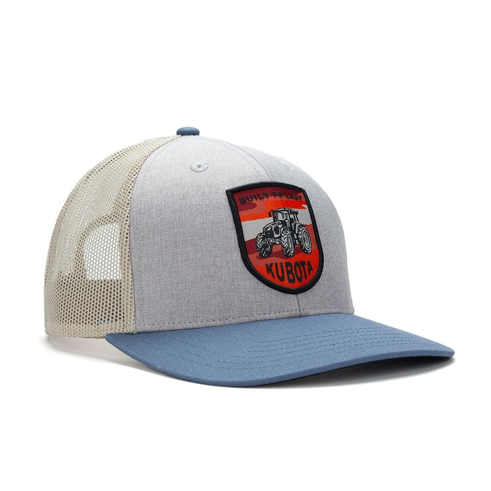 Kubota "Built to Last" Tractor Patch Trucker Hat (Category: Caps & Hats) located in Las Pinas. Submitted by snapcartmanila (Listing ID 1449802387, Image 1). Description: - Grey and light blue trucker hat - Features a patch with a tractor and "Kubota Built to Last" text - Mesh back for breathability - Adjustable snapback closure - Perfect for Kubota enthusiasts and farmers.