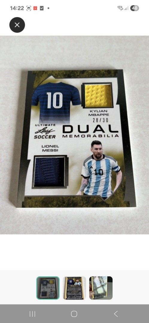 Leaf Mbappe Messi patch (Category: Raw Cards) located in Singapore. Submitted by terrapin (Listing ID 1449774876, Image 1). Description: - Leaf Ultimate Soccer Dual Memorabilia Card - Features Kylian Mbappe and Lionel Messi - Limited Edition: Numbered. - Authenticated by Leaf Trading Cards - Perfect for collectors.