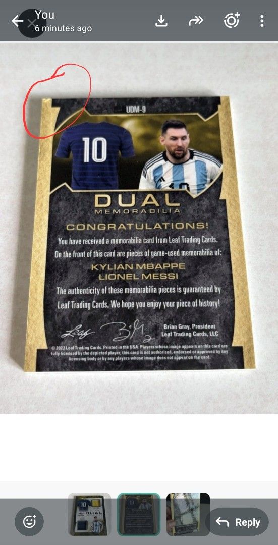 Leaf Mbappe Messi patch (Category: Raw Cards) located in Singapore. Submitted by terrapin (Listing ID 1449774876, Image 2). Description: - Leaf Ultimate Soccer Dual Memorabilia Card - Features Kylian Mbappe and Lionel Messi - Limited Edition: Numbered. - Authenticated by Leaf Trading Cards - Perfect for collectors.