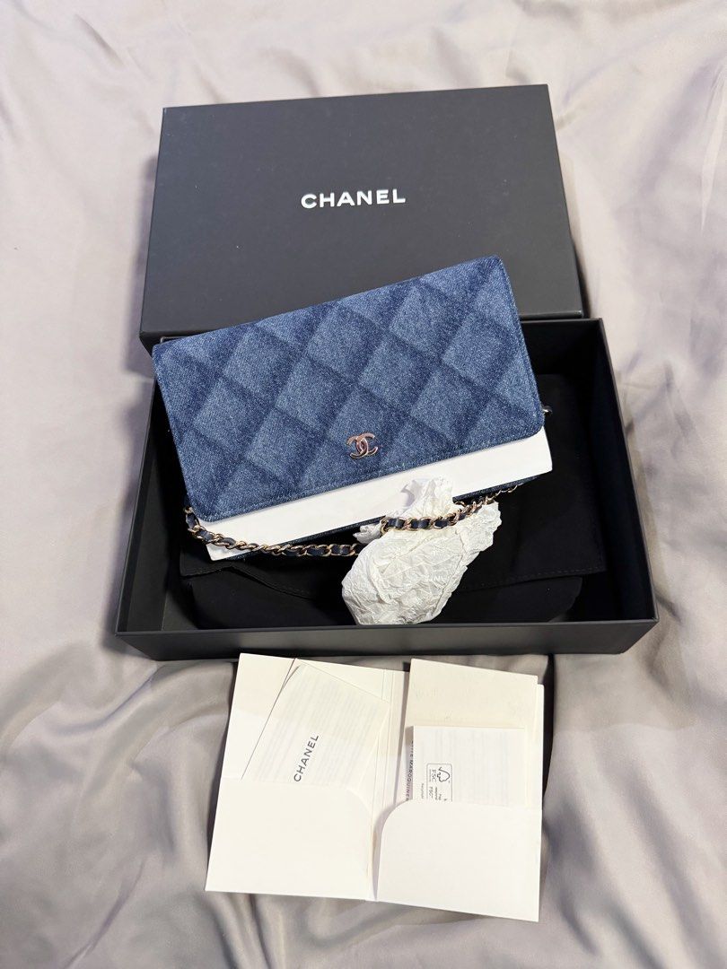 LIKE NEW AUTHENTIC Chanel Denim Wallet On Chain (WOC) (Category: Luxury Bags & Wallets) located in Quezon City. Submitted by closetofcoco (Listing ID 1449761671, Image 1). Description: GUARANTEED AUTHENTIC PM FOR INQUIRIES NO LOW BALLING.