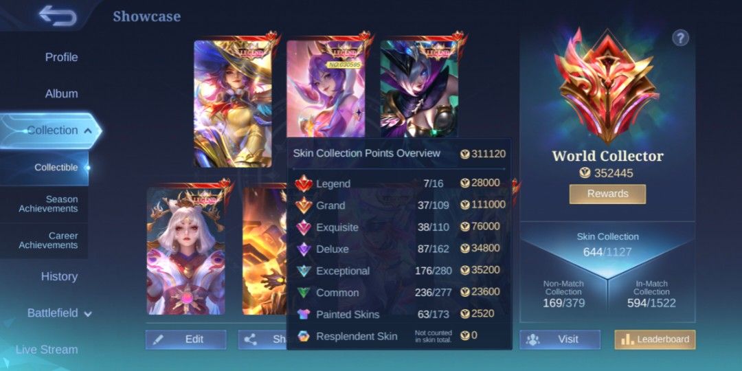 Mlbb world collecter (Category: Game Gift Cards & Accounts) located in Petaling Jaya. Submitted by ashlara (Listing ID 1449941307, Image 3). Description: can negotiate pm me for faq.