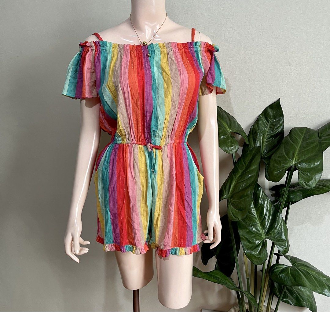 Next Rainbow Striped Off-Shoulder Romper,s to m (Category: Rompers) located in Mandaluyong City. Submitted by roxieeeeeee (Listing ID 1449910199, Image 1). Description: - Cute rainbow striped romper from Next - Off-shoulder design with short sleeves - Elasticated waist with drawstring tie - Ruffled hem - Lightweight and breezy fabric - Ideal for beach days or casual outings ✅ Like new condition ✅ Ships 1 day after payment ✅ Please allow 1 day for