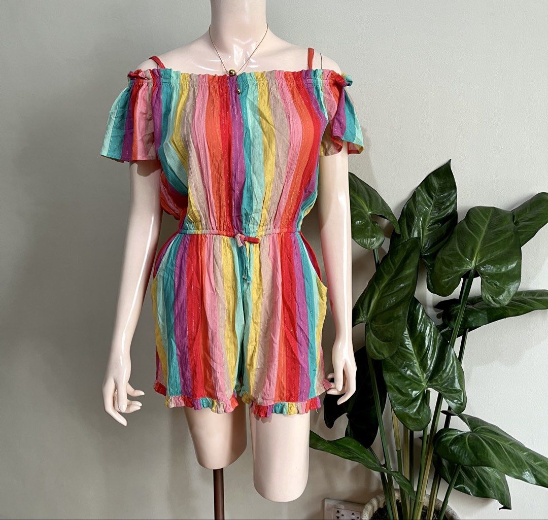 Next Rainbow Striped Off-Shoulder Romper,s to m (Category: Rompers) located in Mandaluyong City. Submitted by roxieeeeeee (Listing ID 1449910199, Image 2). Description: - Cute rainbow striped romper from Next - Off-shoulder design with short sleeves - Elasticated waist with drawstring tie - Ruffled hem - Lightweight and breezy fabric - Ideal for beach days or casual outings ✅ Like new condition ✅ Ships 1 day after payment ✅ Please allow 1 day for