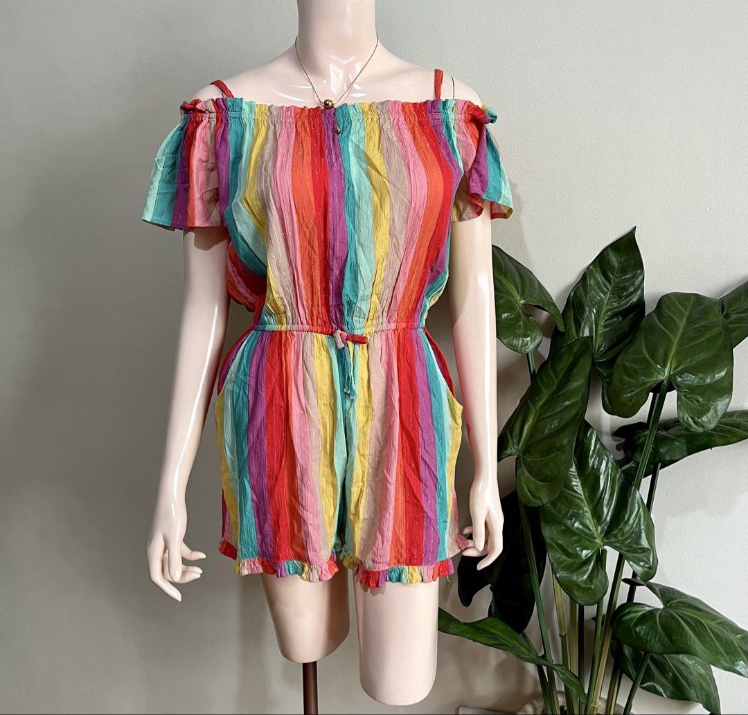 Next Rainbow Striped Off-Shoulder Romper,s to m (Category: Rompers) located in Mandaluyong City. Submitted by roxieeeeeee (Listing ID 1449910199, Image 3). Description: - Cute rainbow striped romper from Next - Off-shoulder design with short sleeves - Elasticated waist with drawstring tie - Ruffled hem - Lightweight and breezy fabric - Ideal for beach days or casual outings ✅ Like new condition ✅ Ships 1 day after payment ✅ Please allow 1 day for