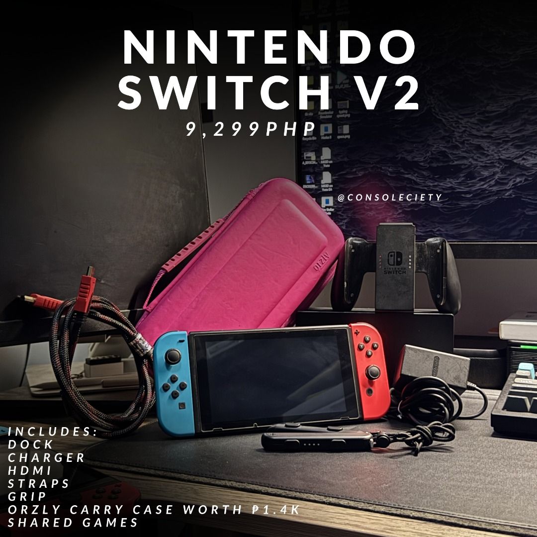 Nintendo Switch V2 complete w/ Games & 1.4K PHP freebies (Category: Nintendo) located in Quezon City. Submitted by consoleciety (Listing ID 1449844147, Image 1). Description: Selling Nintendo Switch V2 complete for ₱9,299 —extremely presentable, 9.5/10 condition | tempered glass installed —no issue, everything working & checked according to my guide on how to buy 2nd hand (posted on T1kT0K) —includes complete accessories [no box] and Orzly Pink c
