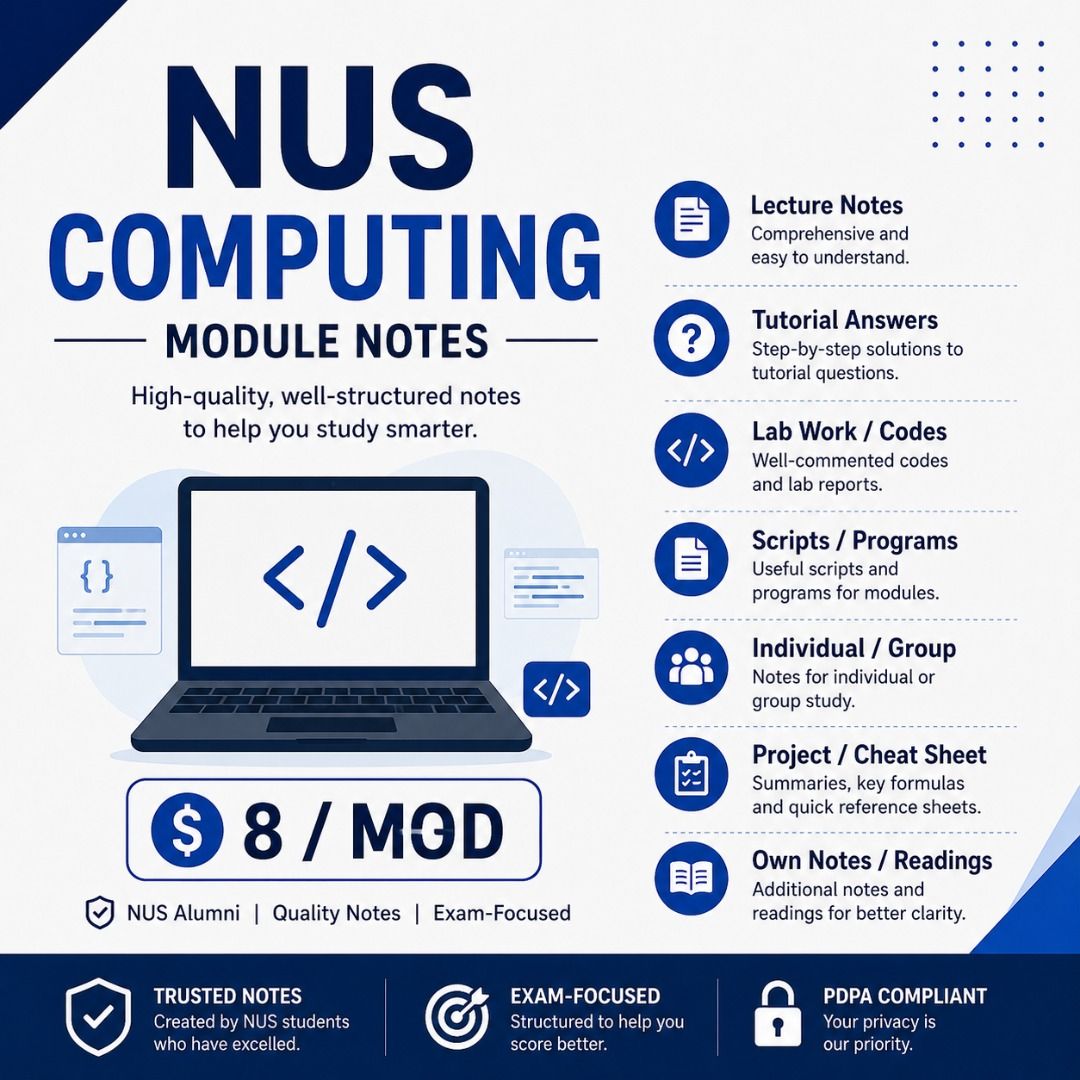 NUS Computing/ Computer Science Module Notes A+ (Category: Textbooks) located in Singapore. Submitted by proofreadingedits (Listing ID 1449824275, Image 1). Description: All the modules listed: $38.00 Per module: $8.00 Download link will be provided once payment is made. ALL YOU NEED to do well in school. What we have, we provide. CS1010E Programming Methodology (E) BT1101 INTRODUCTION TO BUSINESS ANALYTICS.zip BT2101 IT AND DECISION MAKING.zip B