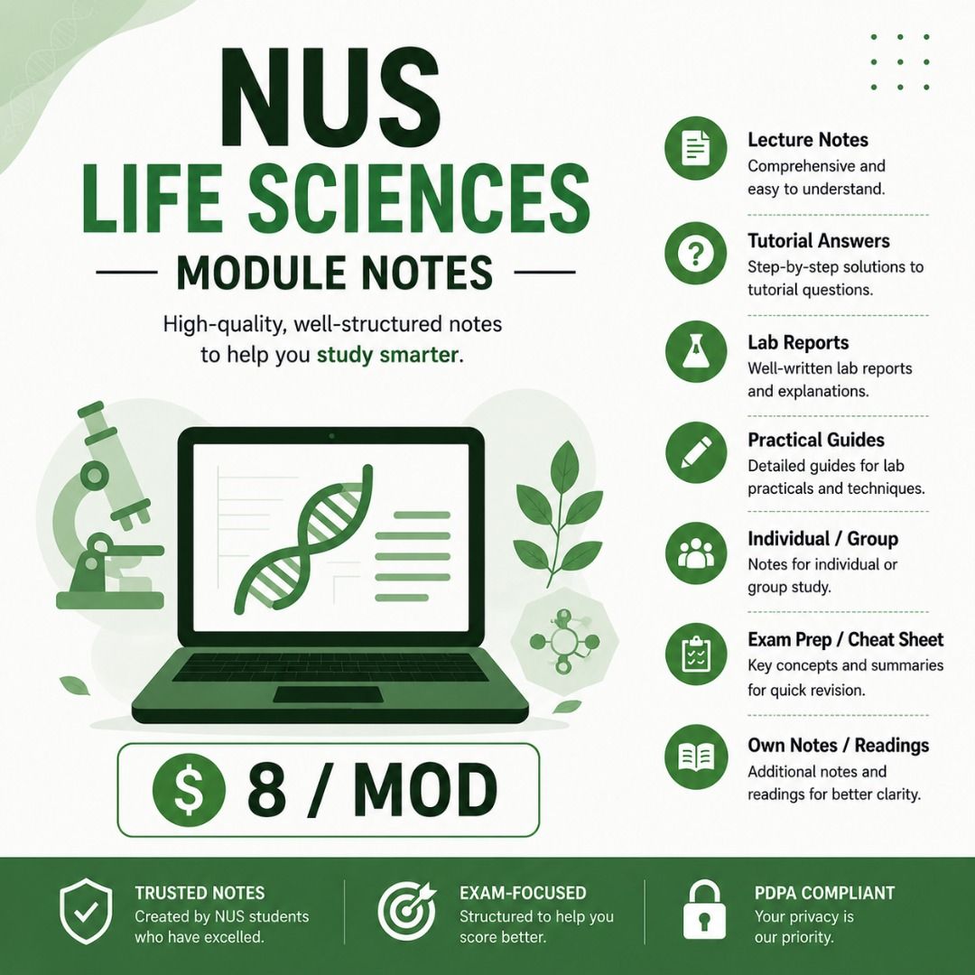 NUS Life Sciences Module Notes A+ (Category: Textbooks) located in Singapore. Submitted by proofreadingedits (Listing ID 1449817388, Image 1). Description: All the modules listed: $38.00 Per module: $8.00 Download link will be provided once payment is made. ALL YOU NEED to do well in school. What we have, we provide. CM1401 Chemistry for Life Sciences GEH1019 GEK1529 Food & Health LSM1101 Biochemistry of Biomolecules LSM1102 Molecular Genetics LS