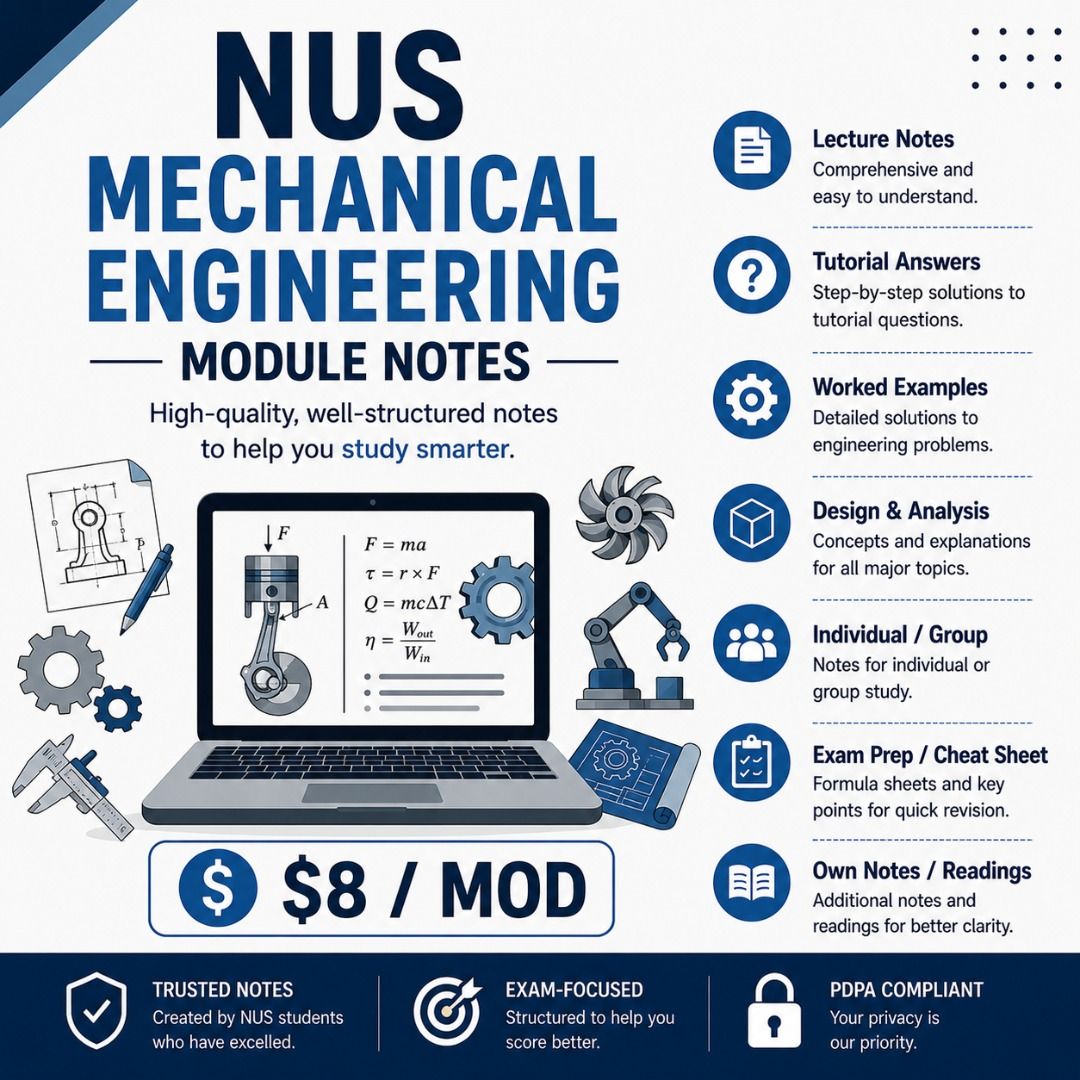 NUS Mechanical Engineering Module Notes A+ (Category: Textbooks) located in Singapore. Submitted by proofreadingedits (Listing ID 1449818935, Image 1). Description: All the modules listed: $38.00 Per module: $8.00 Download link will be provided once payment is made. ALL YOU NEED to do well in school. What we have, we provide. - Comprehensive notes for multiple engineering modules. - Includes key modules like ME3263, ME4223 (Thermal Environmental 