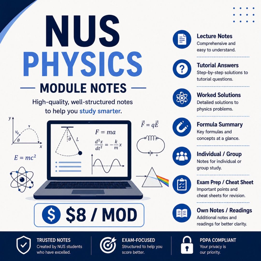 NUS Physics Module Notes A+ (Category: Textbooks) located in Singapore. Submitted by proofreadingedits (Listing ID 1449823666, Image 1). Description: All the modules listed: $38.00 Per module: $8.00 Download link will be provided once payment is made. ALL YOU NEED to do well in school. What we have, we provide. PC1141 Introduction to Classical Mechanics PC1142 Introduction to Thermodynamics and Optics PC1143 Introduction to Electricity & Magnetis