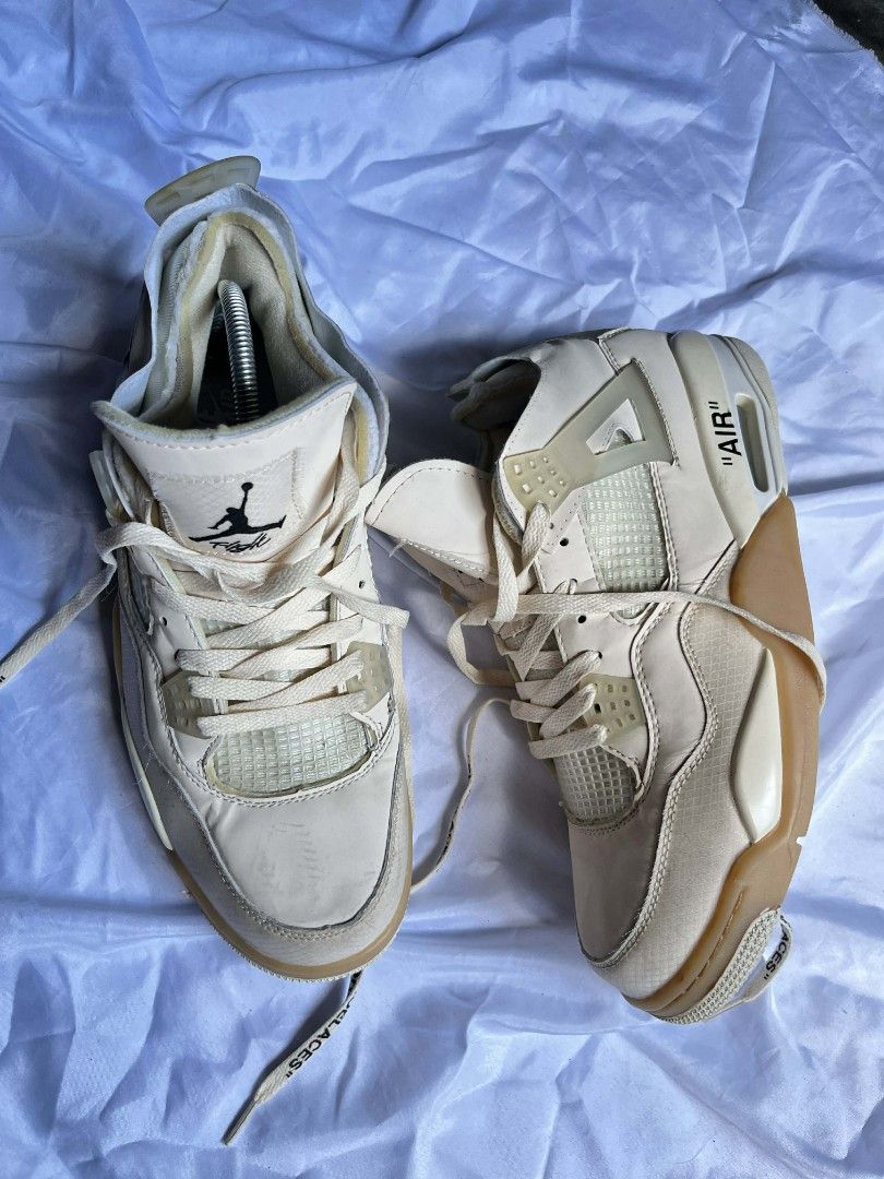 Off-White x Air Jordan 4 Sail (Category: Sneakers) located in Rizal. Submitted by lime_bloomx (Listing ID 1449949742, Image 1). Description: - Authentic Off-White x Air Jordan 4 'Sail' - Highly sought-after collaboration - Features Off-White 'SHOELACES' text on laces - Signature 'AIR' branding on heel - Versatile and neutral sail colorway - Perfect addition to any sneaker collection.