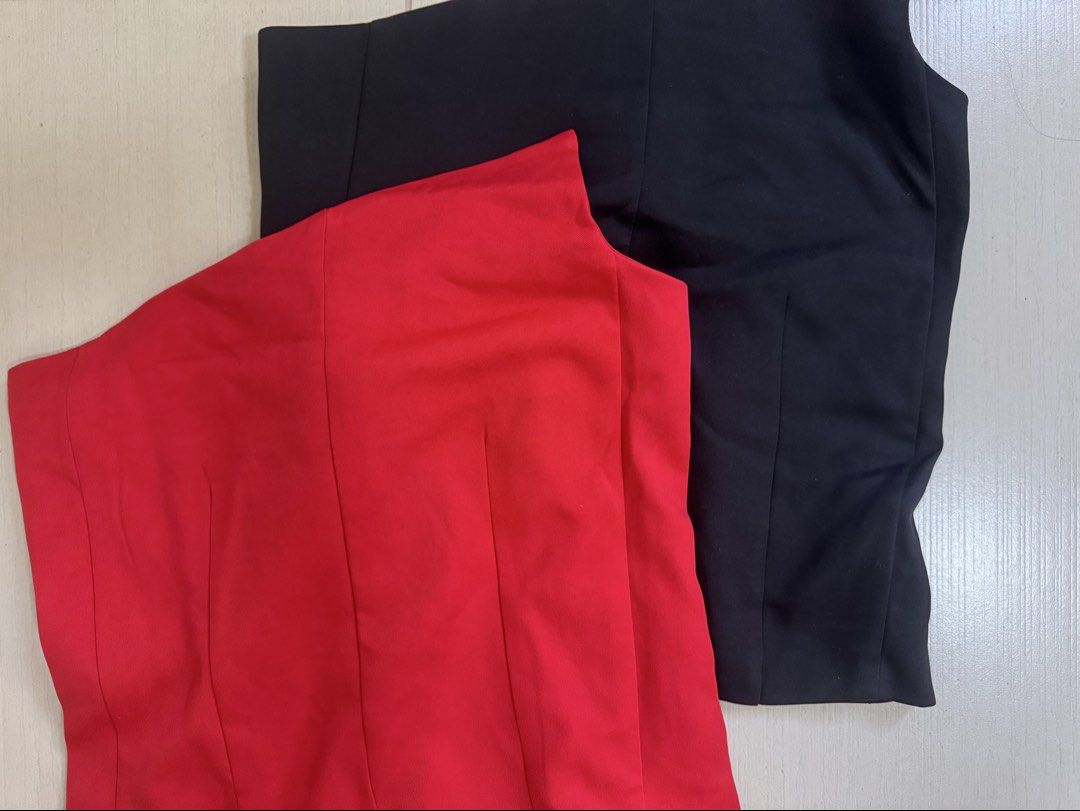One Shoulder Tops - Red and Black (BUNDLE) (Category: Blouses) located in San Fernando. Submitted by khdzn (Listing ID 1449892339, Image 2). Description: • super nice because of the boning • fitted and structured design for a flattering silhouette. • bundle:> so it’s literally just 100 each top ! • red top was never worn.