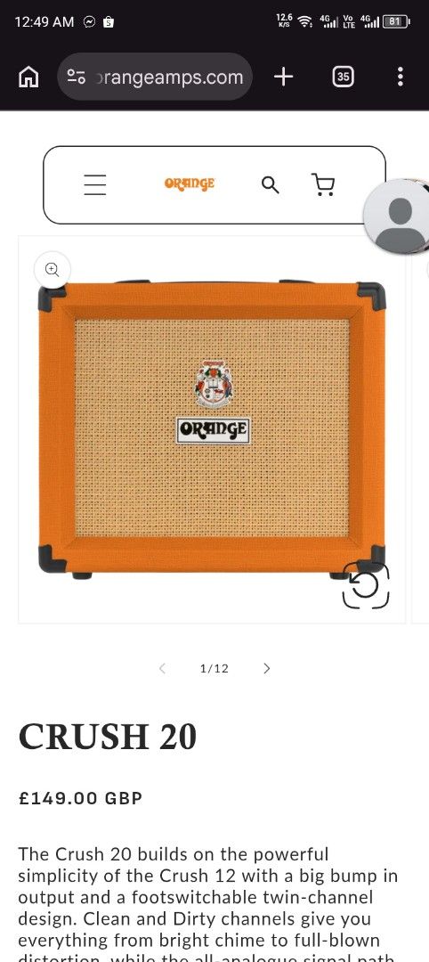 Orange Crush 20 Guitar Amplifier (Category: Musical Instruments) located in Manila. Submitted by axolotlelele (Listing ID 1449793866, Image 1). Description: - Orange Crush 20 Guitar Amp - Twin-channel design: Clean and Dirty channels - Footswitchable for easy channel switching - Ideal for practice sessions or small gigs - Pure analogue signal path - Classic Orange colour - Reason for selling: Friend is upgrading.