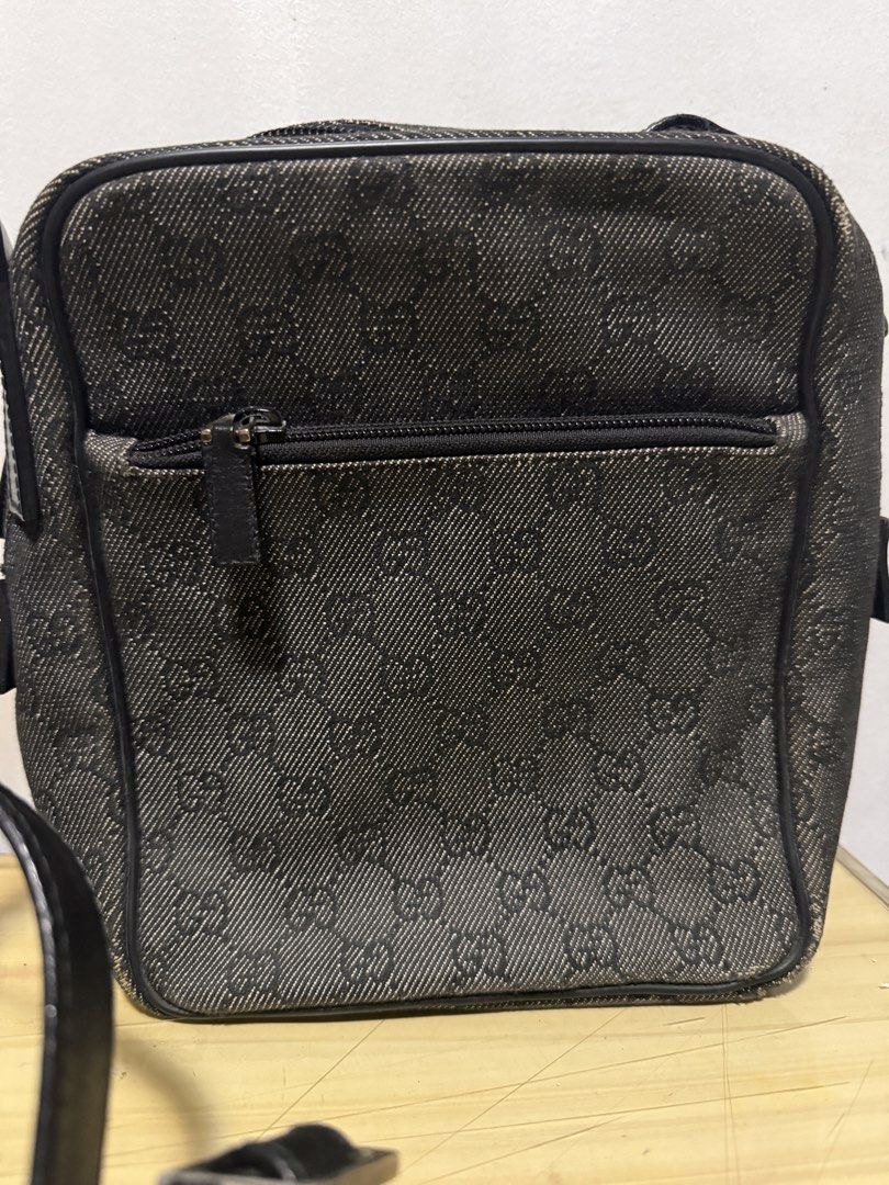 ORIG! Gucci bag mens (Category: Sling Bags) located in Makati City. Submitted by shopshophooray.ph (Listing ID 1449871907, Image 1). Description: ORIGINAL! Gucci bag for mens - P14,999 Origin: - bought at Hongkong preloved authentic store last 2023 Measures: 9 in - height 7 in - length 3 in - width Color: Black / Gray Material: Canvas (like denim material) Others: - strap is leather - strap is adjustable ITEM INCLUSION: - bag only NOT INCLUDED (t