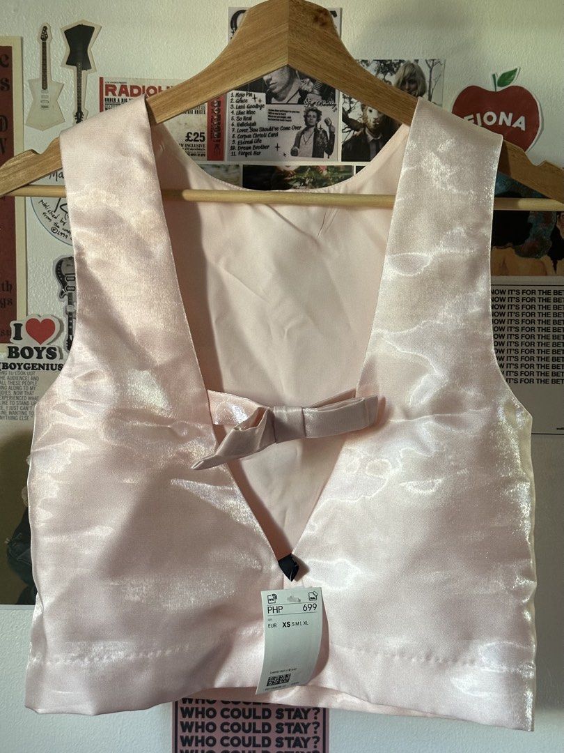 Pink Satin Cropped Vest Top (Category: Sleeveless) located in Manila. Submitted by ohmgee (Listing ID 1449822886, Image 2). Description: - w/ tag - Pink satin vest top - Cropped - Tie detail at the back - Worn once to fit - RFS: Decluttering.