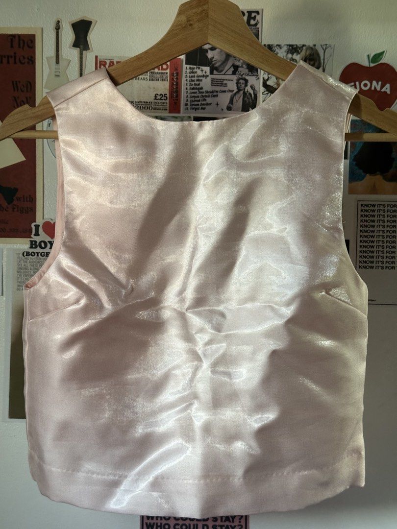 Pink Satin Cropped Vest Top (Category: Sleeveless) located in Manila. Submitted by ohmgee (Listing ID 1449822886, Image 1). Description: - w/ tag - Pink satin vest top - Cropped - Tie detail at the back - Worn once to fit - RFS: Decluttering.