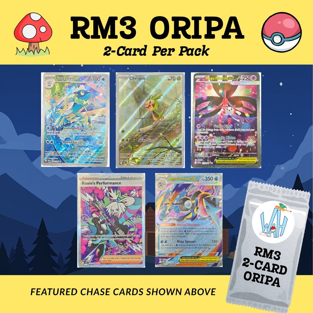 POKEMON 2 CARD ORIPA 3RM ONLY !! (Category: Raw Singles) located in Mentakab. Submitted by wah_poke (Listing ID 1445389272, Image 1). Description: Hi everyone! welcome to my 3rm oripa!! each pack is prepacked with 2 cards! best hit worth around 200rm! come try your luck! limited sets and all prepacked!.