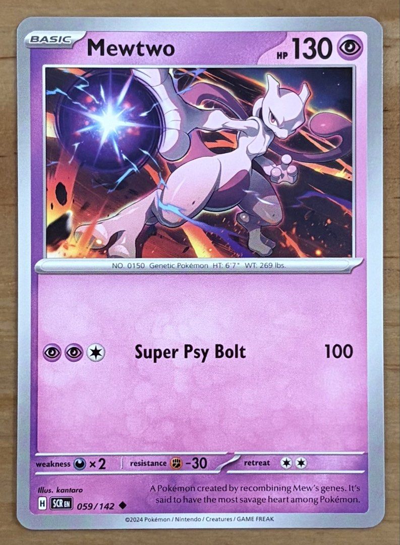 Pokemon Cards | Mewtwo | Stellar Crown {EN} (Category: Raw Singles) located in Makati City. Submitted by cardlab (Listing ID 1449763123, Image 1). Description: Items are 💯 authentic/original/legit. About The Card: •Language: EN • Number: 059/142 • Uncommon • Normal FOR: • Cards ₱99 and below with Card Sleeves • Cards ₱100 and up with Card Sleeves and Used Toploader • ₱10 for Bnew Tops Packaging (If Shipping): ✔️ Plastic cover ✔️ Cardboard ✔️ Bub