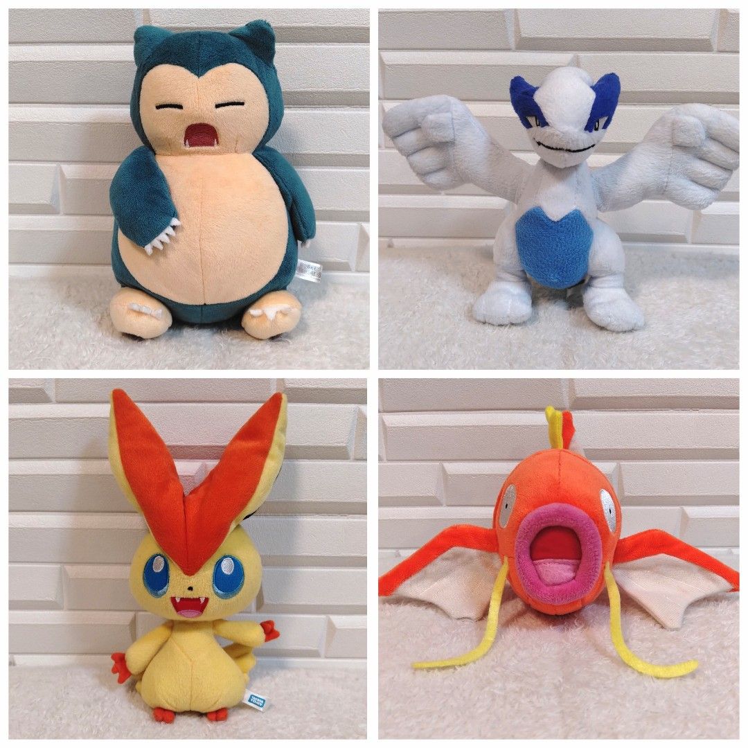 Pokemon Pocket Monster Snorlax, Banpresto Lugia, Takara Tomy Victini, 1997 Nintendo Magikarp Plush Toys (Category: Toys & Games) located in Kuala Lumpur. Submitted by snugglebuddies (Listing ID 1449751281, Image 1). Description: 100% authentic plush toy. Each RM23 Freshly washed - clean condition. Please review all photos carefully to assess condition before purchasing. Color may vary due to lighting. Please feel free to message me for more detai