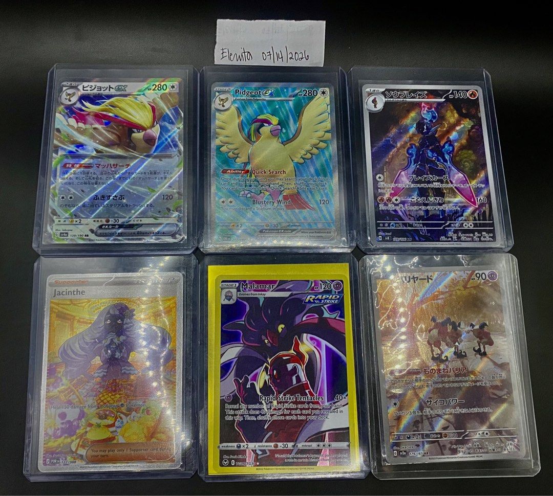 Pokemon TCG Sale! (Category: Raw Singles) located in Angeles City. Submitted by lensongsong (Listing ID 1449767826, Image 1). Description: Cards never played NM 1. Pidgeot ex 139/190 - Php100.00 2. Pidgeot ex 217/197 - Php240.00 3. Ceruledge 109/106 - Php550.00 4. Jacinthe 122/088 - Php1550.00 5. Malamar TG06/TG30 - Php180.00 6. Mr. Mime 179/165 - Php900.00.