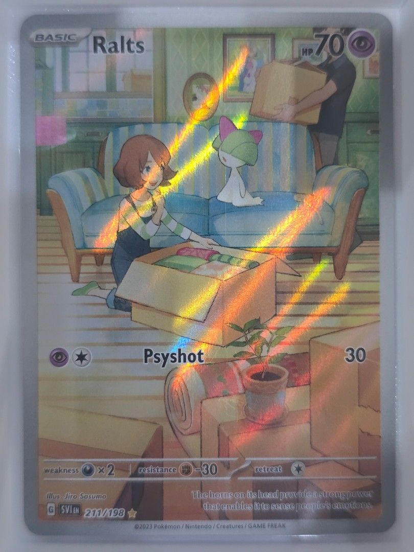 Pokemon TCG: S&V Base Set - Ralts IR (Category: Raw Singles) located in Taguig. Submitted by cardboardislife (Listing ID 1449797378, Image 1). Description: Pokemon TCG Scarlet & Violet Base Set #211 Ralts Illustration Rare .