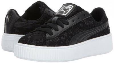 Puma Basket Platform Lace Sneakers Black (Size 8) (Category: Sneakers) located in Caloocan City. Submitted by starrytaro (Listing ID 1449932459, Image 2). Description: - Black Puma platform basket sneakers - Features a delicate lace overlay - Classic Puma formstrip detail - Chunky white platform sole for added height - Secure lace-up closure - Perfect for adding an edgy touch to any outfit.