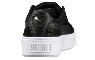 Puma Basket Platform Lace Sneakers Black (Size 8) (Category: Sneakers) located in Caloocan City. Submitted by starrytaro (Listing ID 1449932459, Image 3). Description: - Black Puma platform basket sneakers - Features a delicate lace overlay - Classic Puma formstrip detail - Chunky white platform sole for added height - Secure lace-up closure - Perfect for adding an edgy touch to any outfit.