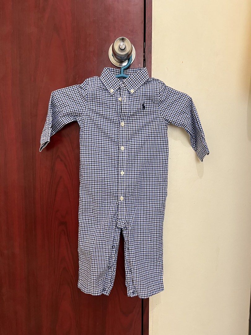 Ralph Lauren Baby Romper 9M Gingham Blue (Category: Babies & Kids Fashion) located in Manila. Submitted by pag01 (Listing ID 1449798408, Image 1). Description: - Cute Ralph Lauren baby romper - Blue and white gingham pattern - Button-up front and collar - Signature pony logo on chest - Size: 9 months - Perfect for dressing up your little one.
