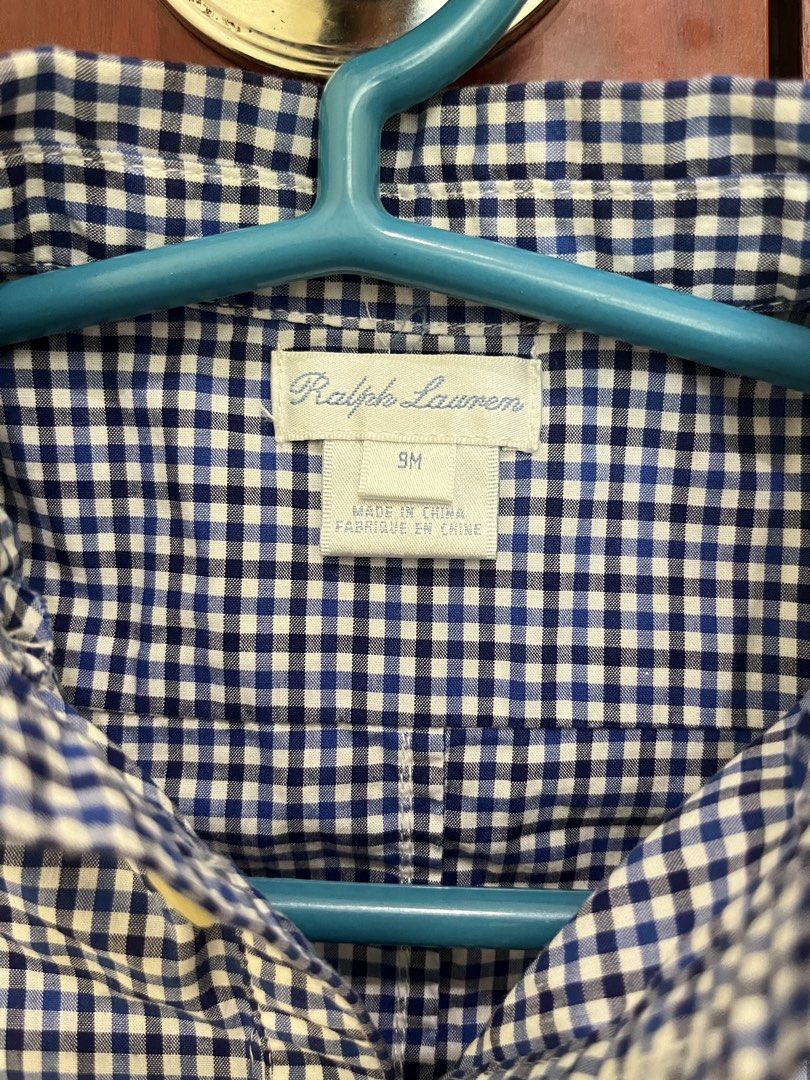 Ralph Lauren Baby Romper 9M Gingham Blue (Category: Babies & Kids Fashion) located in Manila. Submitted by pag01 (Listing ID 1449798408, Image 2). Description: - Cute Ralph Lauren baby romper - Blue and white gingham pattern - Button-up front and collar - Signature pony logo on chest - Size: 9 months - Perfect for dressing up your little one.