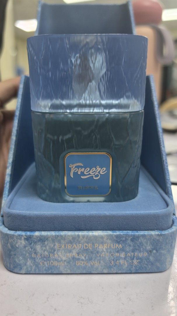RIFFS Freeze Eau de Parfum (Category: Fragrance & Deodorants) located in Quezon City. Submitted by mintchoco000 (Listing ID 1449766334, Image 2). Description: - Few sprays missing, no cello - bought from WesWorld - selling for a friend, not my perfume po 📍 Fairview QC Grab/Lala/J&T Sf c/o buyer.