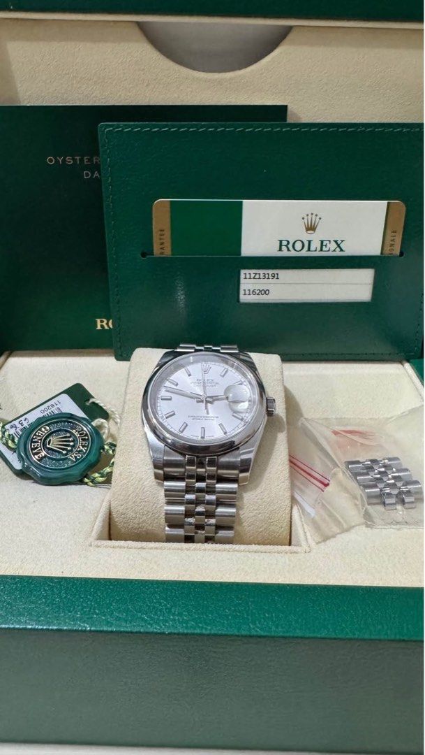Rolex Datejust 36mm (Category: Luxury Watches) located in Manila. Submitted by gkamille01 (Listing ID 1449931560, Image 2). Description: Rolex Datejust 116200 Silver stick dial 36mm Complete inclusions 448,000 negotiable.