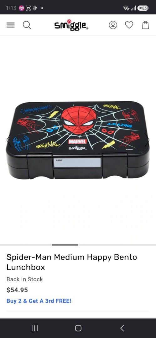Smiggle Spider-Man Happy Bento Lunchbox (Category: Food Organization & Storage) located in San Jose del Monte. Submitted by urban_sissyshop (Listing ID 1449805718, Image 2). Description: - Smiggle Spider-Man Happy Bento Lunchbox (Medium Size) - Leak-proof and BPA-free - Made with durable Tritan material - Features 3 convenient compartments - Microwave safe for easy reheating - Ideal for packing school lunches.