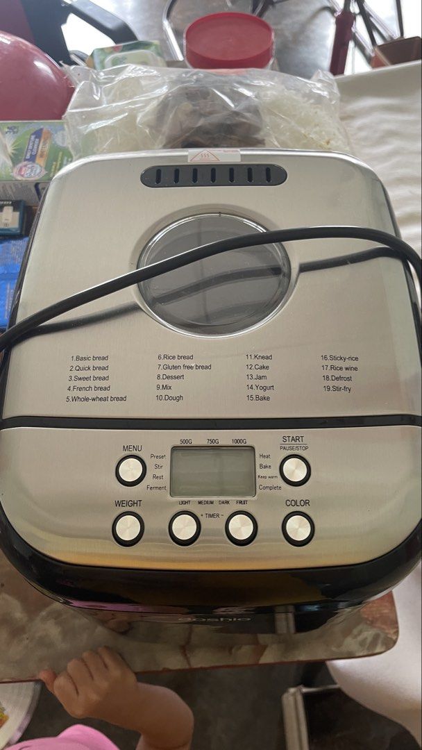 Sokany Bread Maker - Multiple Bread Settings (Category: Breadmakers) located in Kuala Lumpur. Submitted by yenyenyong (Listing ID 1449773738, Image 2). Description: - Sokany Bread Maker for effortless homemade bread. - 12 versatile settings: Basic, Quick, Sweet, Whole Wheat, Rice Bread, Gluten-Free, Cake, Jam, Dough, Knead, Sticky Rice, Rice Wine, Defrost. - Customizable loaf sizes: 500g, 750g, or 1000g. - Adjustable crust color options. - Built-