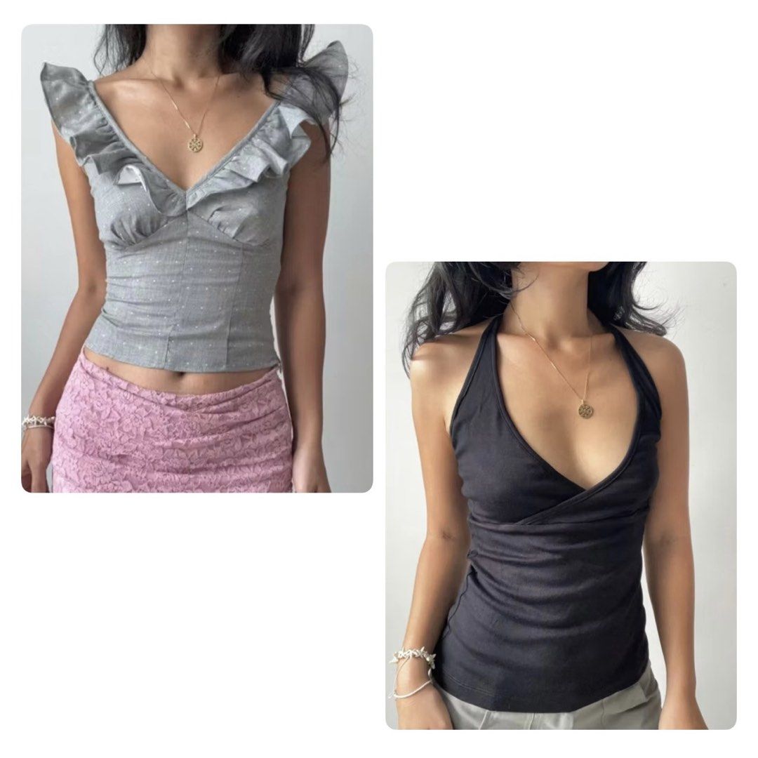 Summer Tops (Grey Ruffle Top & Black Halter Top) (Category: Sleeveless) located in Manila. Submitted by ohmgee (Listing ID 1449821486, Image 1). Description: Bought from 🍊 app for Php 1,942 Worn once to fit RFS: impulse buy, decluttering.